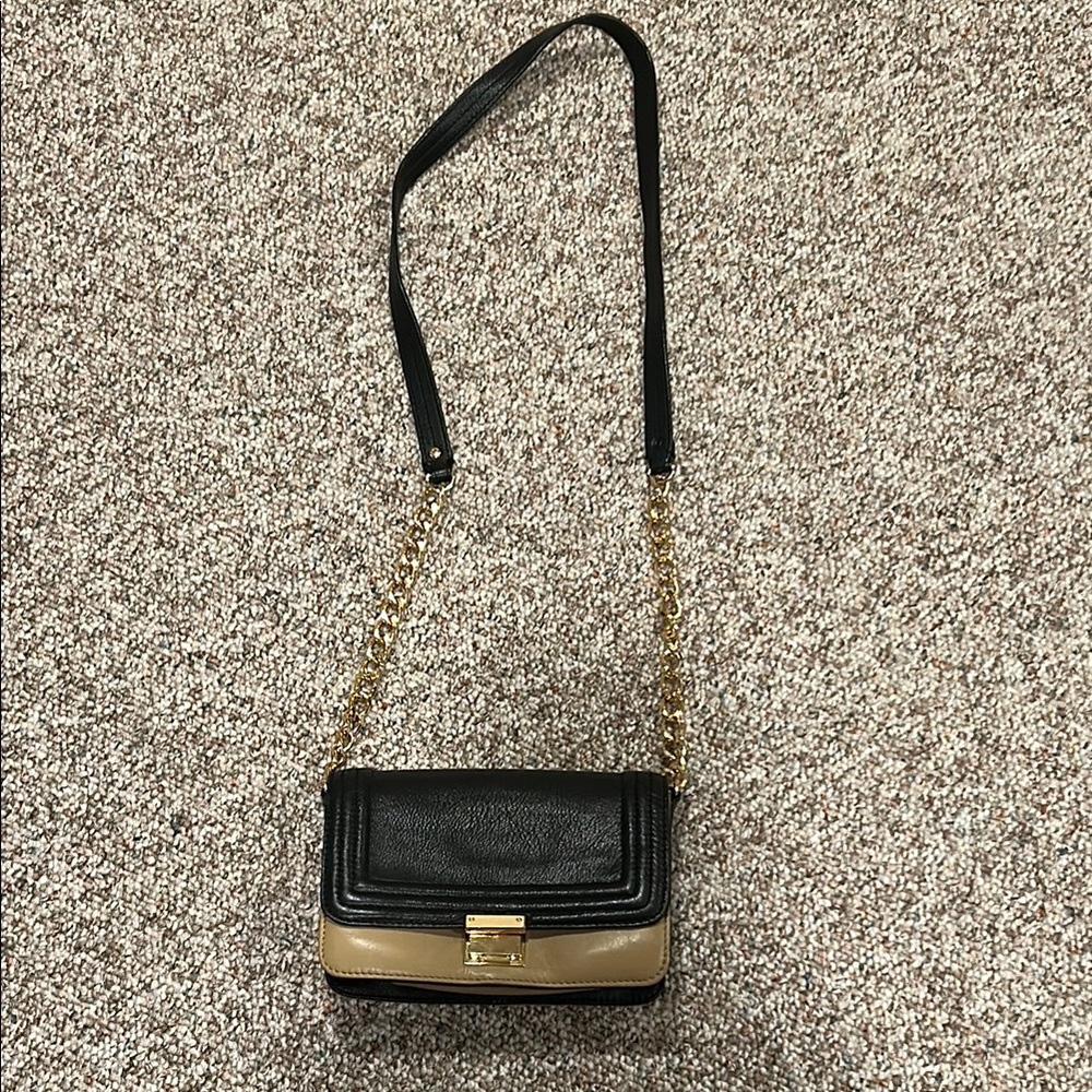 Club Monaco Black and Beige Chain Strap Crossbody Mini Bag